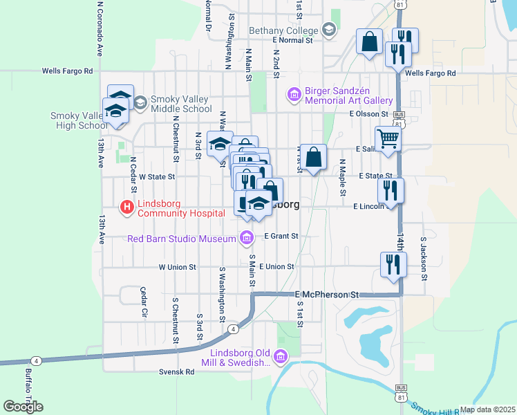map of restaurants, bars, coffee shops, grocery stores, and more near 125 East Lincoln Street in Lindsborg