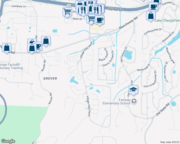 map of restaurants, bars, coffee shops, grocery stores, and more near 317 Oak Park Village Drive in Wildwood