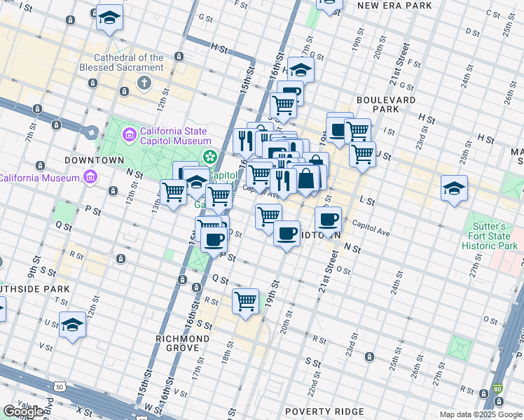 map of restaurants, bars, coffee shops, grocery stores, and more near 1711 N Street in Sacramento