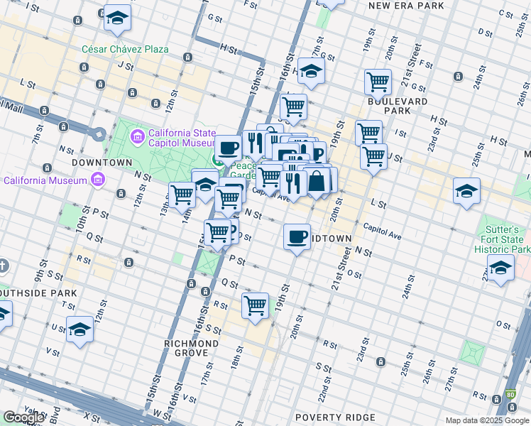 map of restaurants, bars, coffee shops, grocery stores, and more near 1701 N Street in Sacramento