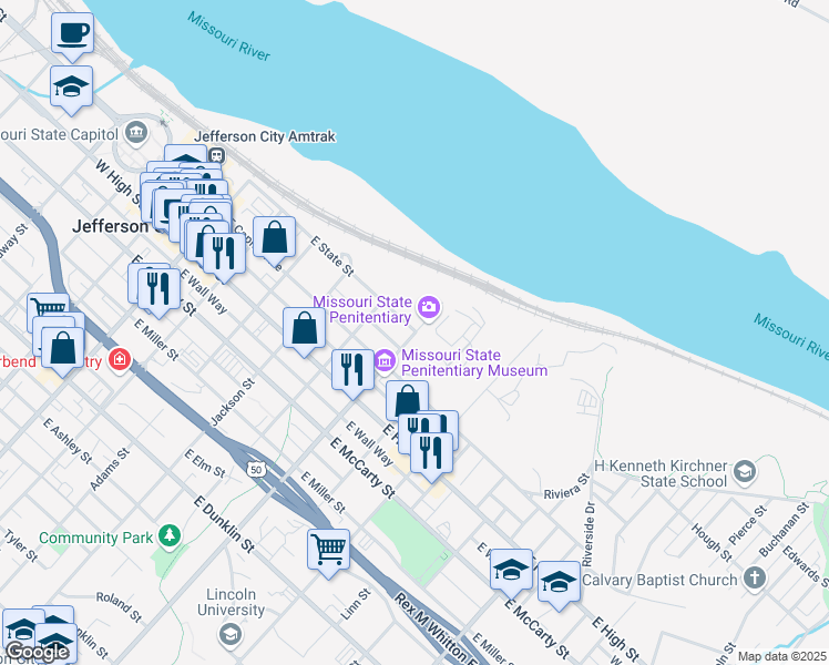 map of restaurants, bars, coffee shops, grocery stores, and more near 80 Lafayette Street in Jefferson City