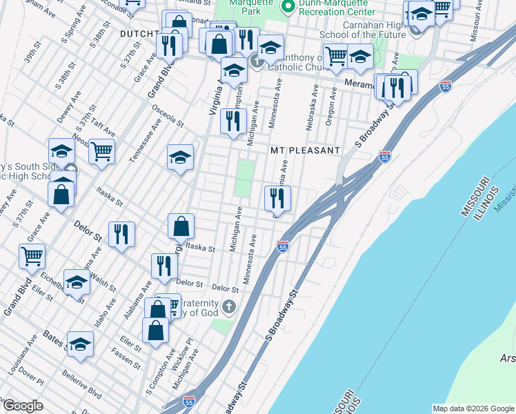 map of restaurants, bars, coffee shops, grocery stores, and more near 4545 Minnesota Avenue in St. Louis