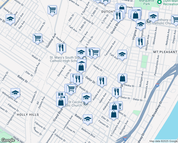 map of restaurants, bars, coffee shops, grocery stores, and more near 4734 South Grand Boulevard in Saint Louis