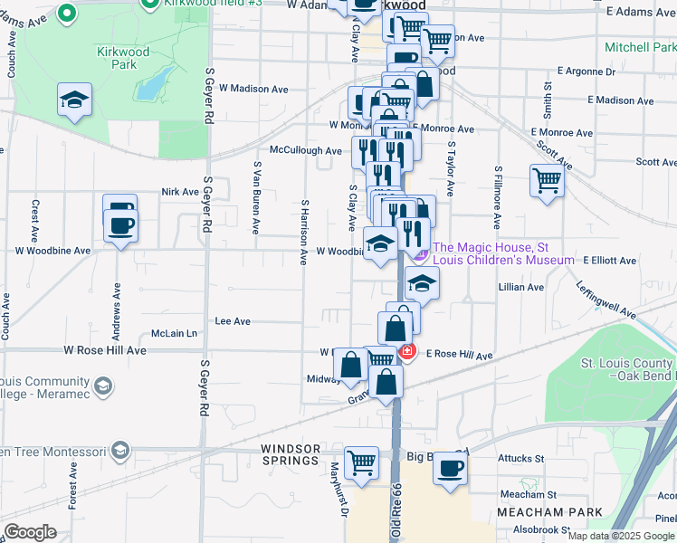 map of restaurants, bars, coffee shops, grocery stores, and more near 210 East Woodbine Avenue in Kirkwood
