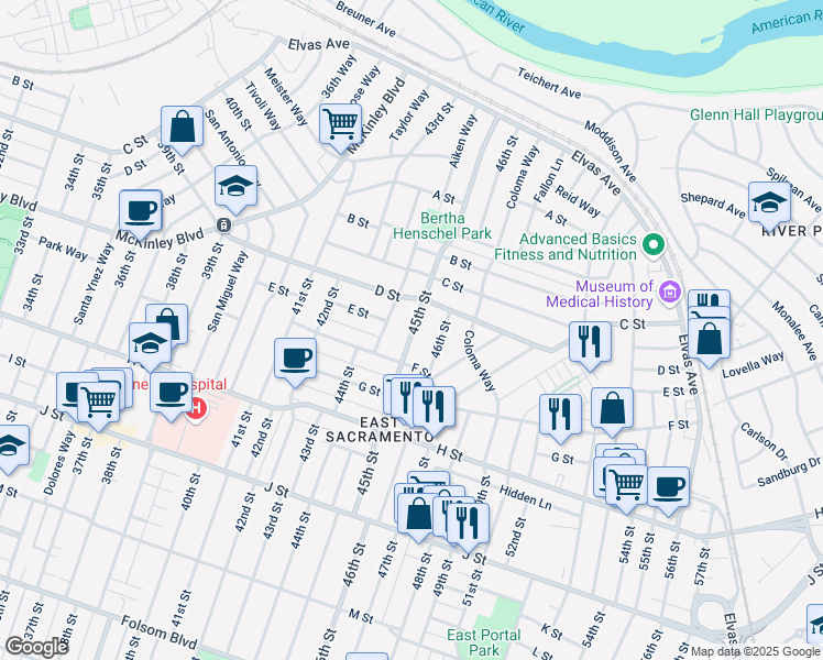 map of restaurants, bars, coffee shops, grocery stores, and more near 430 45th Street in Sacramento