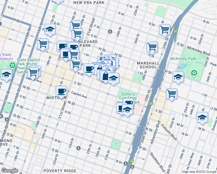 map of restaurants, bars, coffee shops, grocery stores, and more near 2416 K Street in Sacramento