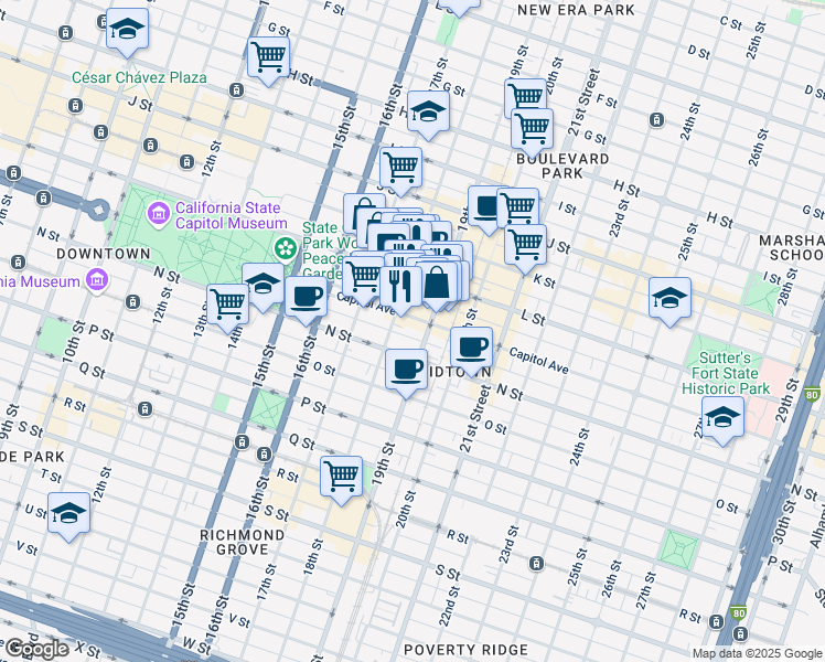 map of restaurants, bars, coffee shops, grocery stores, and more near 1809 Capitol Avenue in Sacramento