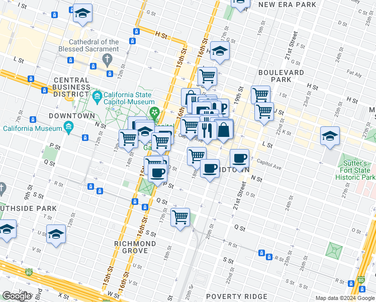 map of restaurants, bars, coffee shops, grocery stores, and more near 1714 Capitol Avenue in Sacramento