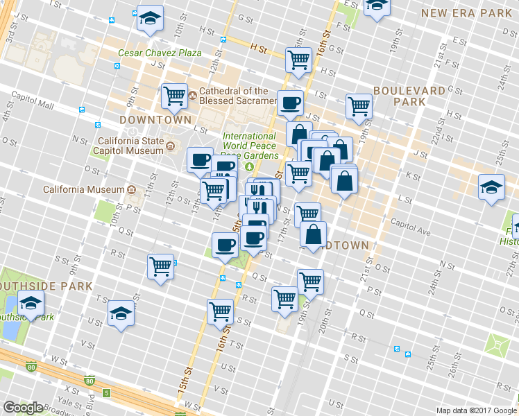 map of restaurants, bars, coffee shops, grocery stores, and more near 1513 N Street in Sacramento