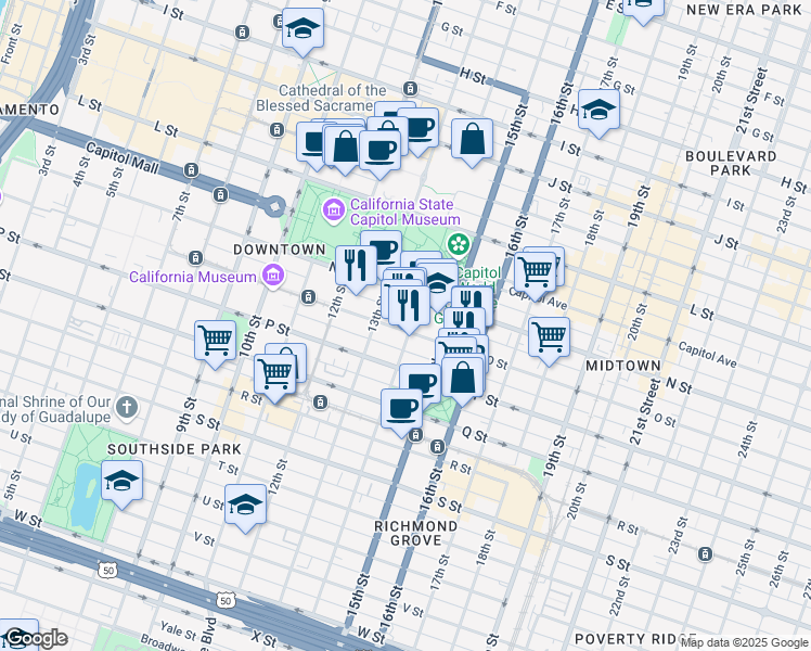 map of restaurants, bars, coffee shops, grocery stores, and more near 1419 13th Street in Sacramento