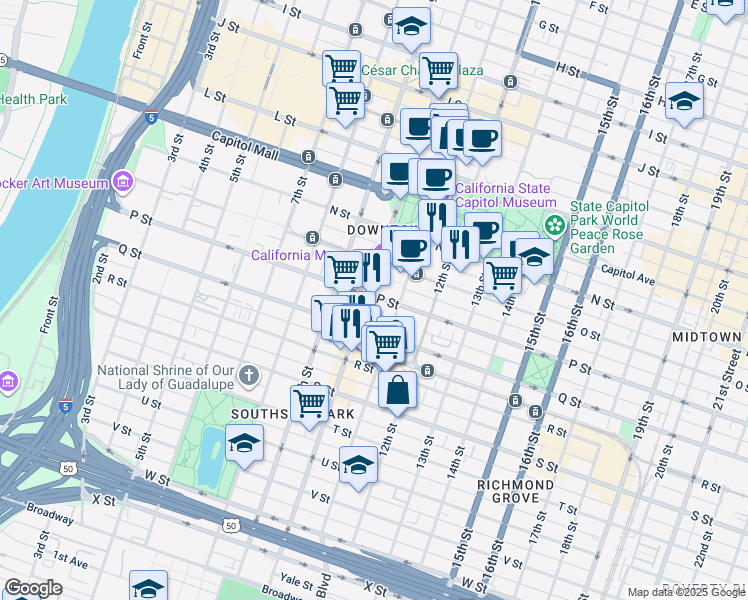 map of restaurants, bars, coffee shops, grocery stores, and more near 1515 10th Street in Sacramento