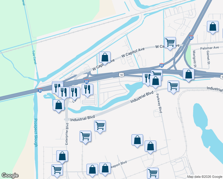 map of restaurants, bars, coffee shops, grocery stores, and more near 3901 Lake Road in West Sacramento