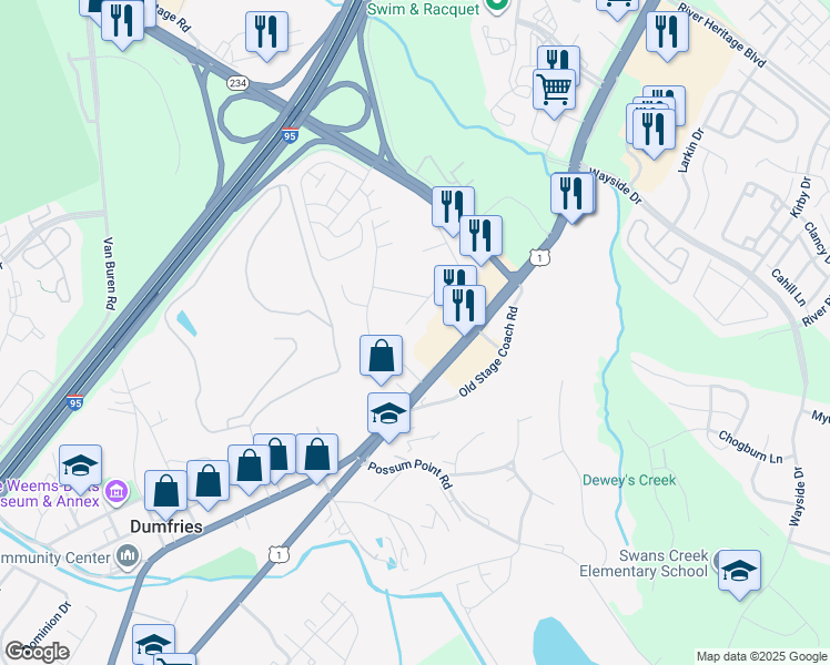 map of restaurants, bars, coffee shops, grocery stores, and more near 17465 Wilson Street in Dumfries