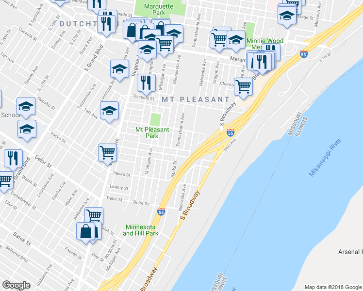 map of restaurants, bars, coffee shops, grocery stores, and more near 4515 Nebraska Avenue in St. Louis