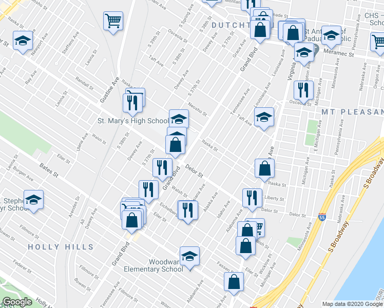 map of restaurants, bars, coffee shops, grocery stores, and more near 4701 South Grand Boulevard in St. Louis