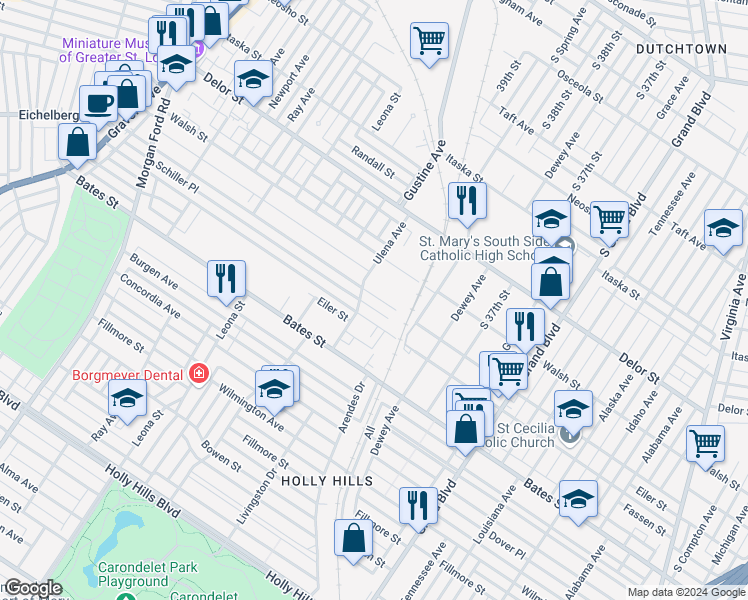 map of restaurants, bars, coffee shops, grocery stores, and more near 3913 Eichelberger Street in St. Louis