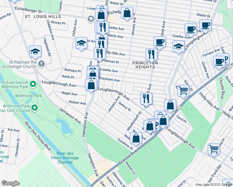 map of restaurants, bars, coffee shops, grocery stores, and more near 6431 Quincy Street in St. Louis