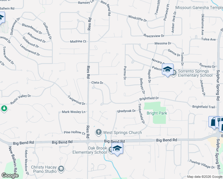 map of restaurants, bars, coffee shops, grocery stores, and more near 261 Cleta Court in Ballwin