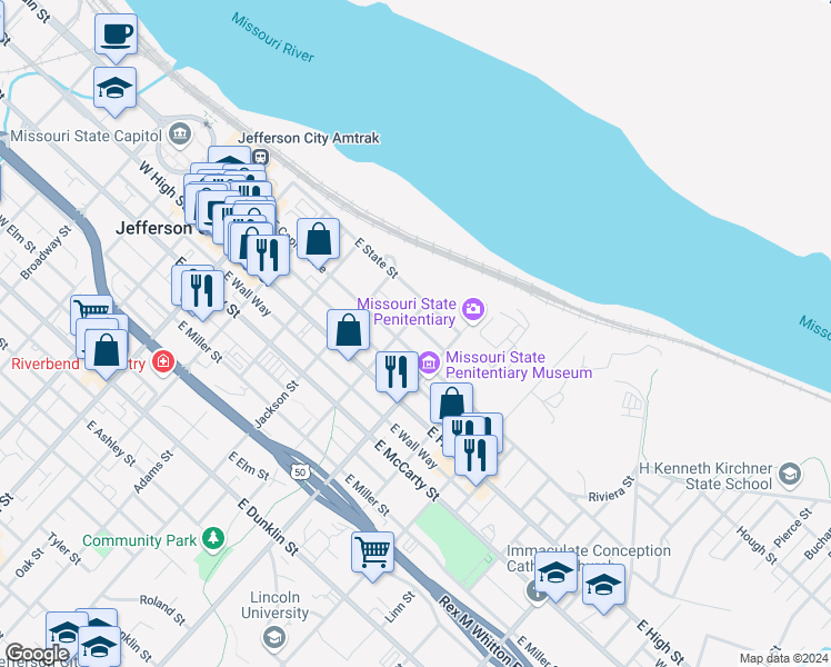 map of restaurants, bars, coffee shops, grocery stores, and more near 126 Marshall Street in Jefferson City