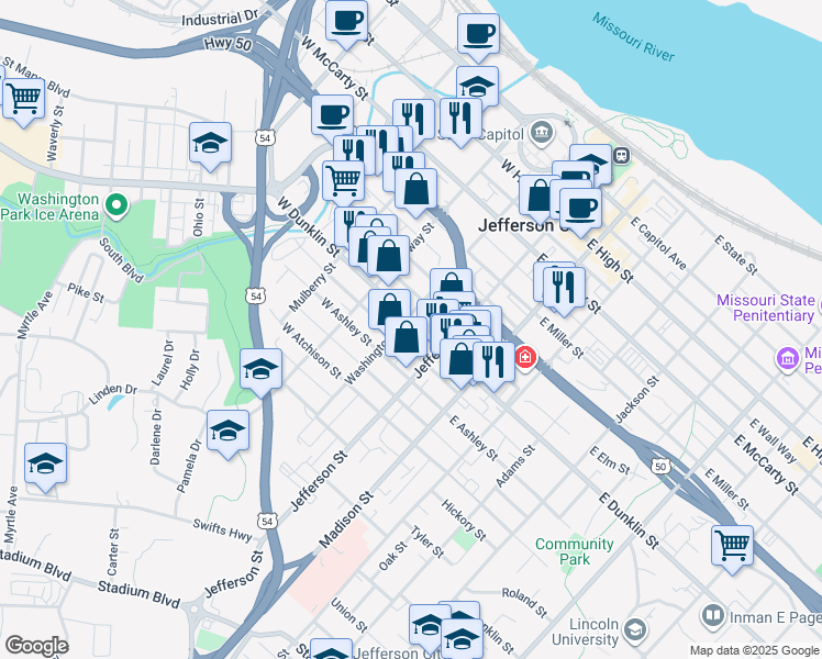 map of restaurants, bars, coffee shops, grocery stores, and more near 126 West Dunklin Street in Jefferson City