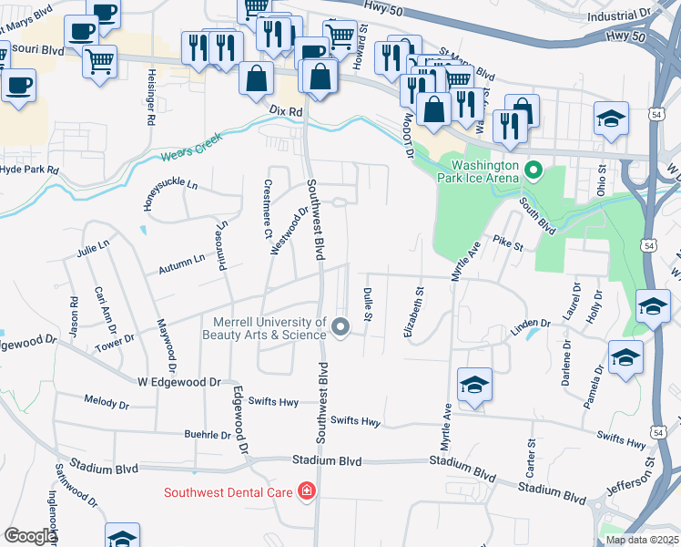 map of restaurants, bars, coffee shops, grocery stores, and more near 915 Southwest Boulevard in Jefferson City