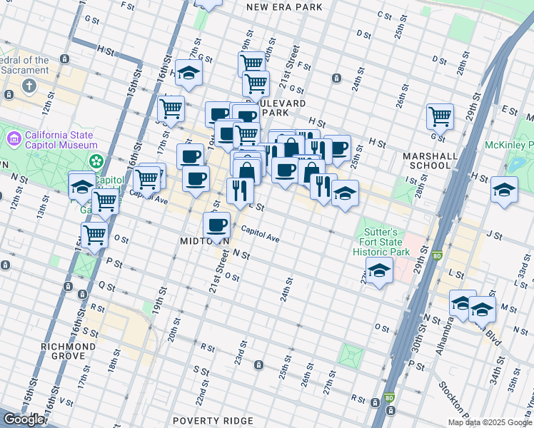map of restaurants, bars, coffee shops, grocery stores, and more near 2200 L Street in Sacramento