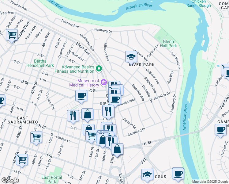 map of restaurants, bars, coffee shops, grocery stores, and more near 5481 Carlson Drive in Sacramento