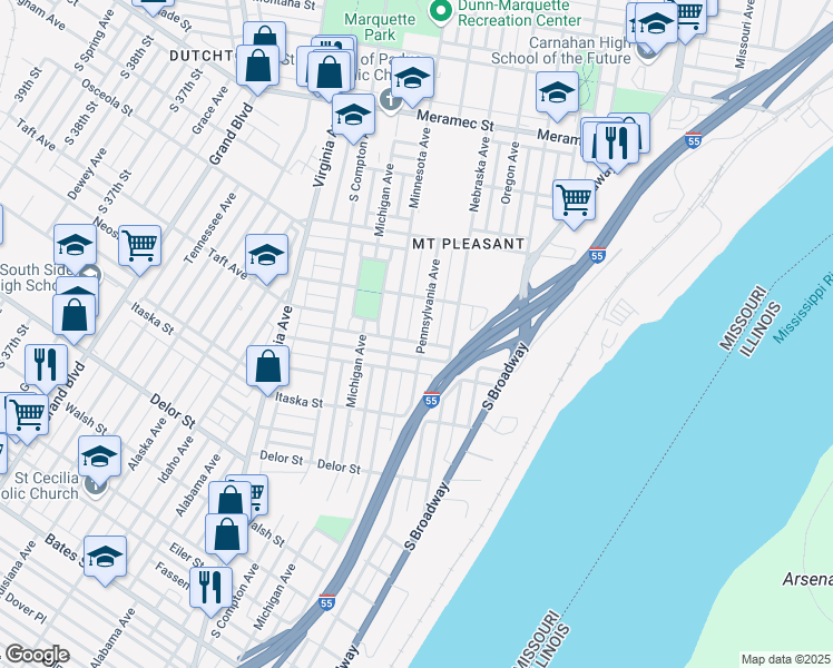 map of restaurants, bars, coffee shops, grocery stores, and more near 4537 Pennsylvania Avenue in St. Louis