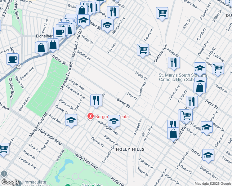 map of restaurants, bars, coffee shops, grocery stores, and more near 5533 Maze Place in St. Louis