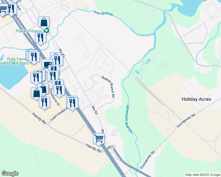map of restaurants, bars, coffee shops, grocery stores, and more near 157 Bobbys Branch Road in Millsboro