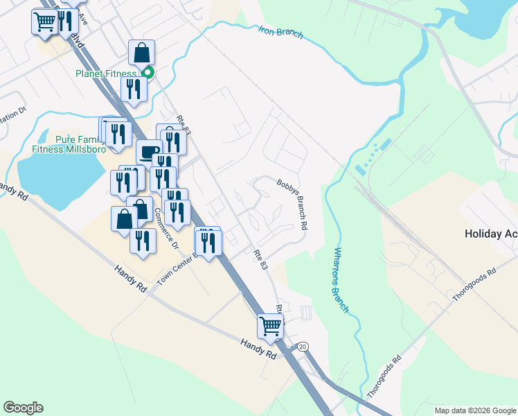 map of restaurants, bars, coffee shops, grocery stores, and more near 112 Lauras Court in Millsboro
