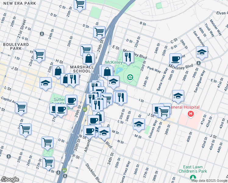 map of restaurants, bars, coffee shops, grocery stores, and more near 3150 I Street in Sacramento