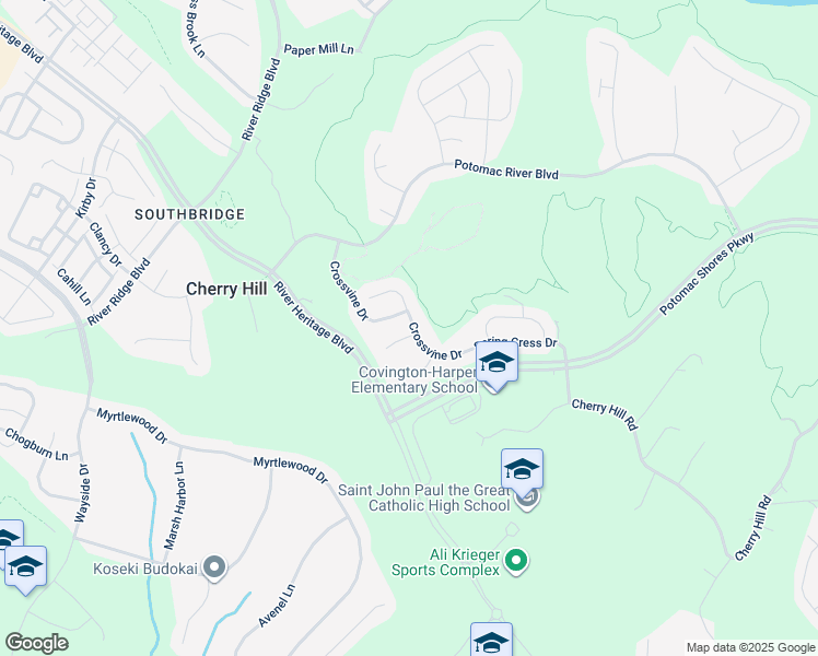 map of restaurants, bars, coffee shops, grocery stores, and more near 2552 Passionflower Court in Dumfries