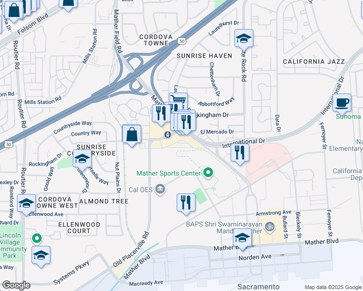 map of restaurants, bars, coffee shops, grocery stores, and more near 3346 Mather Field Road in Sacramento
