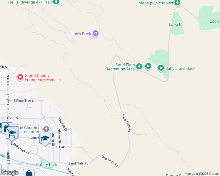 map of restaurants, bars, coffee shops, grocery stores, and more near 114 Badgers Bend in Moab