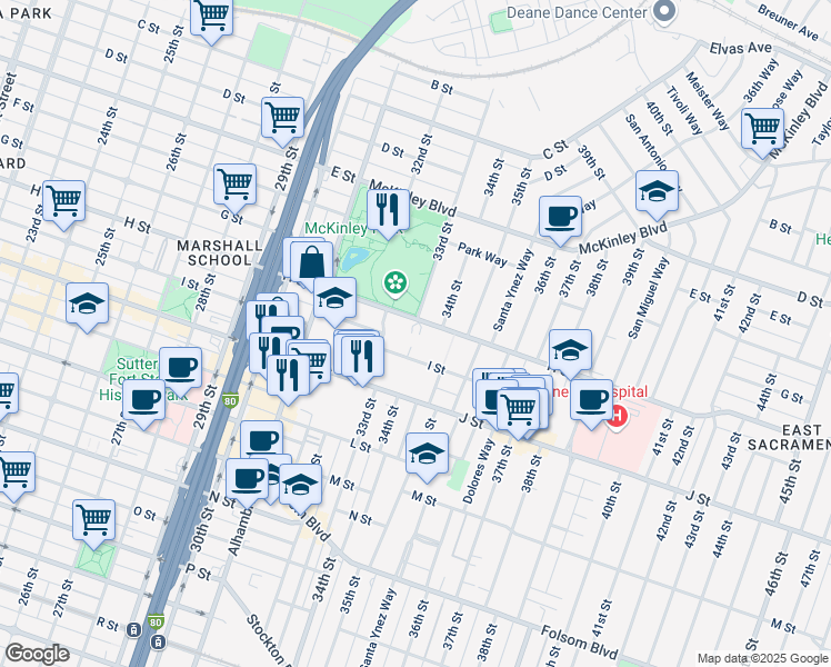 map of restaurants, bars, coffee shops, grocery stores, and more near 3344 H Street in Sacramento