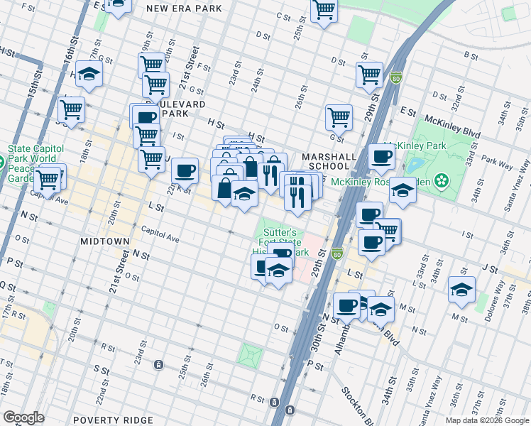 map of restaurants, bars, coffee shops, grocery stores, and more near 2612 J Street in Sacramento