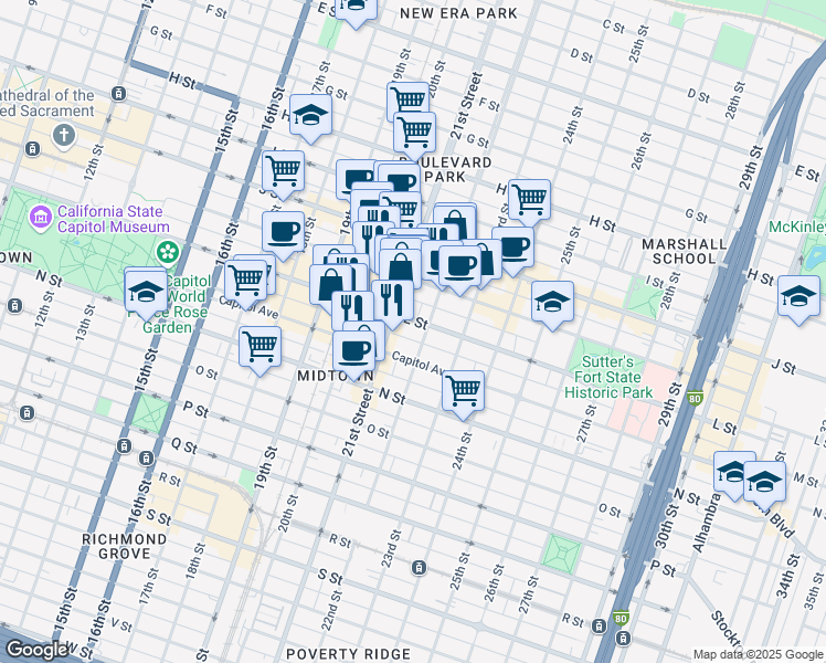 map of restaurants, bars, coffee shops, grocery stores, and more near 2115 L Street in Sacramento