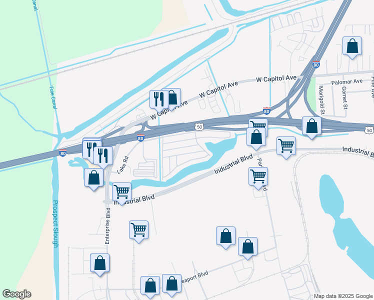map of restaurants, bars, coffee shops, grocery stores, and more near 3901 Lake Road in West Sacramento
