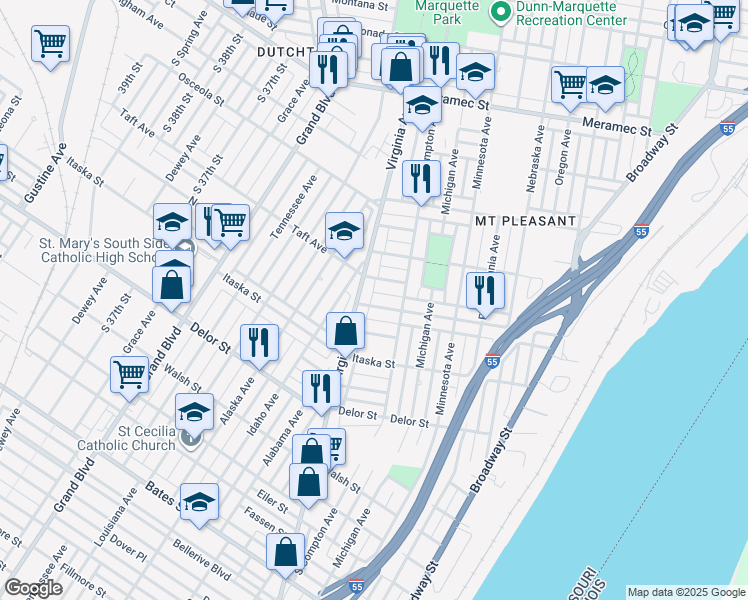 map of restaurants, bars, coffee shops, grocery stores, and more near 4542 Virginia Avenue in St. Louis