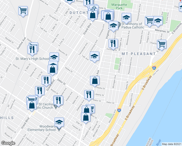 map of restaurants, bars, coffee shops, grocery stores, and more near 4636 Alaska Avenue in St. Louis