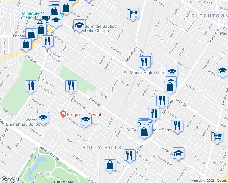 map of restaurants, bars, coffee shops, grocery stores, and more near 3913 Eichelberger Street in St. Louis