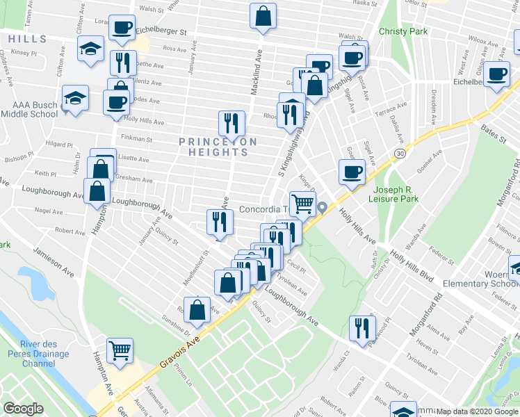 map of restaurants, bars, coffee shops, grocery stores, and more near 6405 South Kingshighway Boulevard in St. Louis