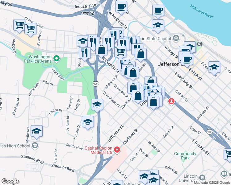 map of restaurants, bars, coffee shops, grocery stores, and more near 300 West Ashley Street in Jefferson City