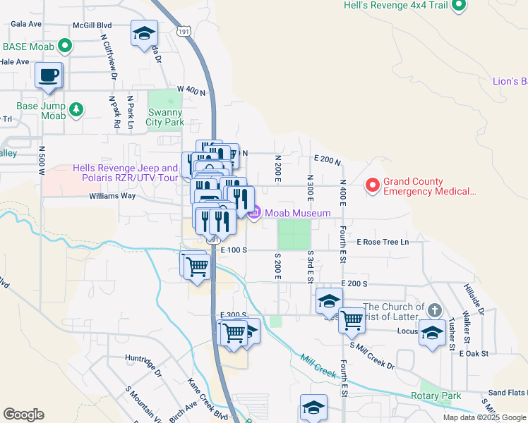 map of restaurants, bars, coffee shops, grocery stores, and more near 159 East Center Street in Moab