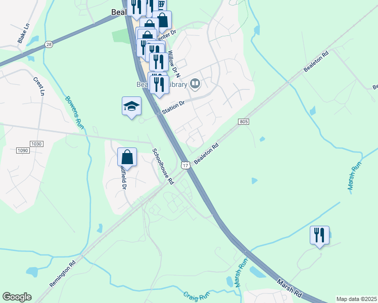 map of restaurants, bars, coffee shops, grocery stores, and more near 6203 Willow Place in Bealeton