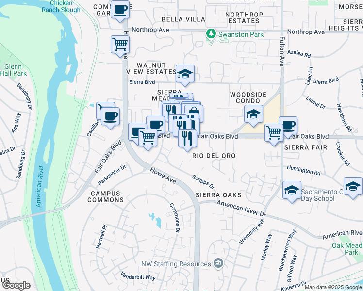 map of restaurants, bars, coffee shops, grocery stores, and more near 2310 Fair Oaks Boulevard in Sacramento