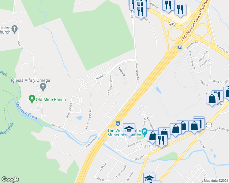 map of restaurants, bars, coffee shops, grocery stores, and more near 4092 Yellow Stone Loop in Dumfries