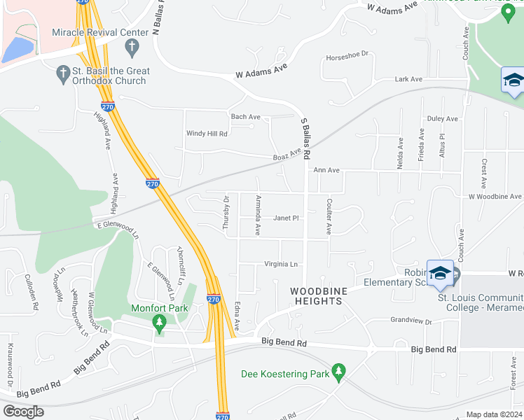 map of restaurants, bars, coffee shops, grocery stores, and more near 1761 Janet Place in Kirkwood