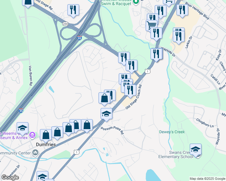 map of restaurants, bars, coffee shops, grocery stores, and more near 17465 Wilson Street in Dumfries
